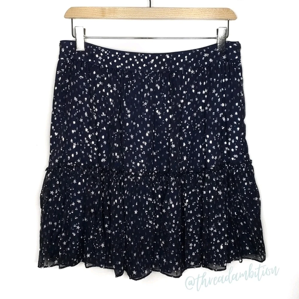 Kate Spade Night Sky Navy Silver Star Ruffle Tiered Silk Mini Skirt NWT Sz 10